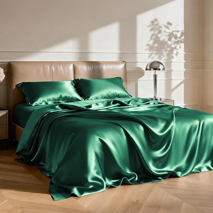Love's cabin Full Size Satin Sheet Set - 4 Piece Dark Green Silky Satin Sheet Set with Deep Pocket, Luxury Silk Feel Satin Bed Sheets Full Bedding Set (1 Flat Sheet,1 Fitted Sheet,2 Pillow Cases)