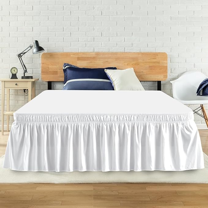 King Bed Skirt, Elastic Wrap Around Bed Skirt King Size, Bed Skirts for Adjustable Bed, Easy Fit with 18" Drop Length Tailored Drop Dust Ruffle (White)