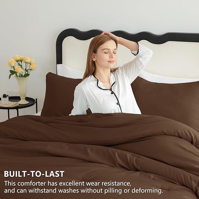 CozyLux King Size Comforter Set Brown, 3 Pieces Solid Comforters King Size Breathable Quilted Style Bedding Set, Luxury Soft Bed Set with Down Alternative Comforter (1 Comforter & 2 Pillowcases)