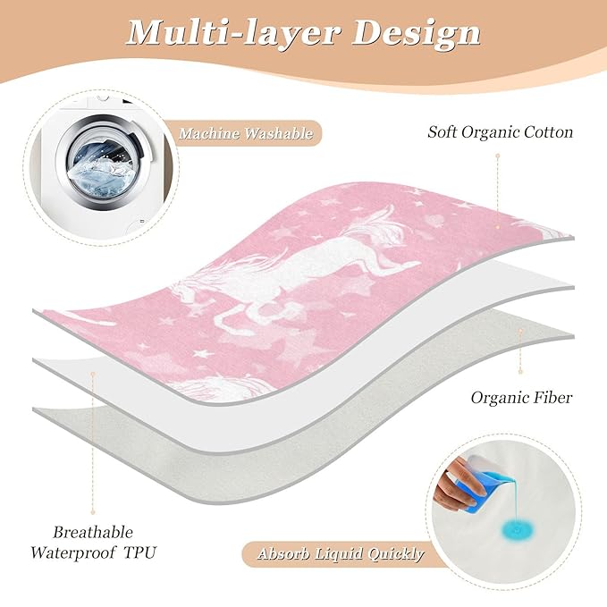 Waterproof Bed Pad Reusable Changing Pad Toddler Mattress Protector Large Pee Pad Baby Diaper Pad Soft Washable Liner Pink Unicorns Silhouette and Stars