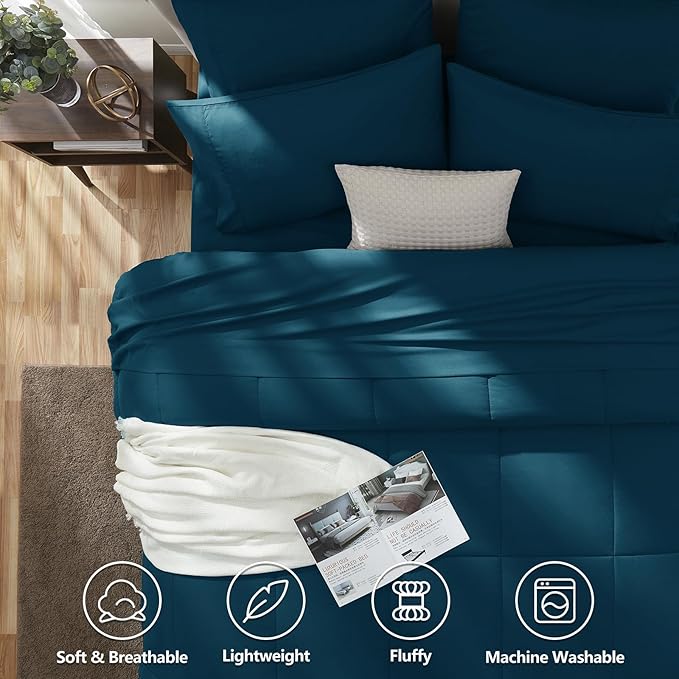 CozyLux Queen Size Comforter Sets Lyons Blue, 7 Pieces Bed in a Bag, Blue Comforter Queen Size, All Season Bedding Sets with Stitch Quilted Comforter, Flat Sheet, Fitted Sheet, Pillowcases