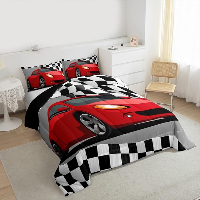 Feelyou Sports Car Bedding Set Red Racing Car Comforter for Kids Boys Girls Teens Extreme Sports Theme Comforter Set Race Sports Car Duvet Set Black and White Grid Room Decor Quilt Set Queen Size
