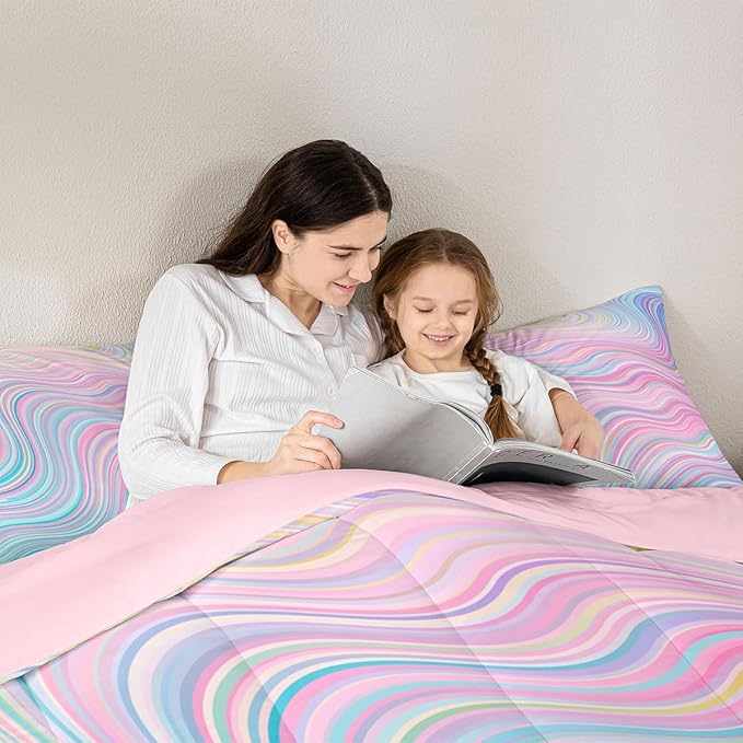 Feelyou Girls Pink Comforter Set King Size Kids Rainbow Stripe Bedding Set for Boys Teens Women Die Tye Comforter Breathable Geometric Duvet Princess Decor Quilt,1 Comforter with 2 Pillowcase