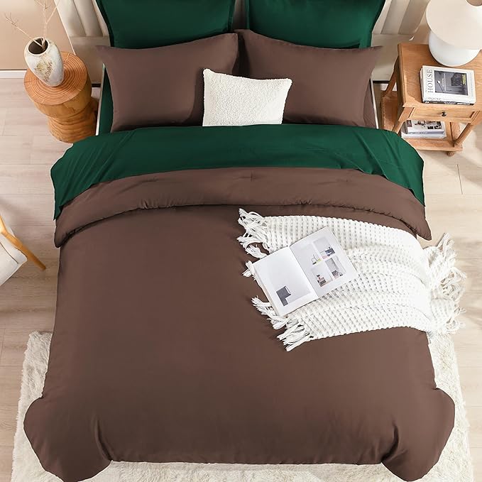 Litanika Full Comforter Sets Brown Emerald Green- 7 Pieces Bed in a Bag Beddding Sets, Solid Lightweight Bed Set with Comforter, Sheets, Pillowcases & Shams