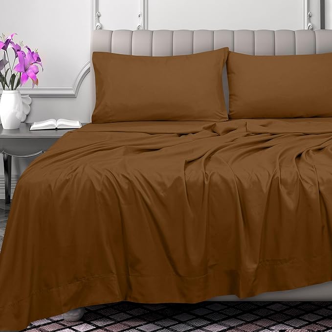 Royale Linens 300 Thread Count 100% Long Staple Combed Cotton Flat Sheet - Super Soft - Top Sheets - Twin Flat Sheet Sold Separately - Breathable, Cool & Crisp Percale Sheets Only (Twin, Chocolate)