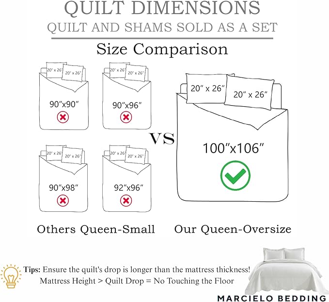 MarCielo 3-Piece 100% Cotton Oversized Bedspread Lightweight Quilt Coverlet Embroidery Farmhouse Bedding Set (TG Bright White, Oversized Queen (100"x106"))