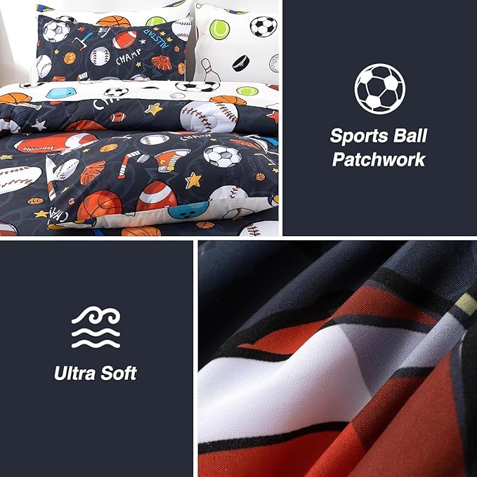 A Nice Night Boys Rugby Balls Comforter Set 6-Piece Bed-in-a-Bag with Sheet Set, Queen Size Polyester Bedding Collections for Kids, Durable & Easy Care, Sports Theme Design for Boys Bedroom