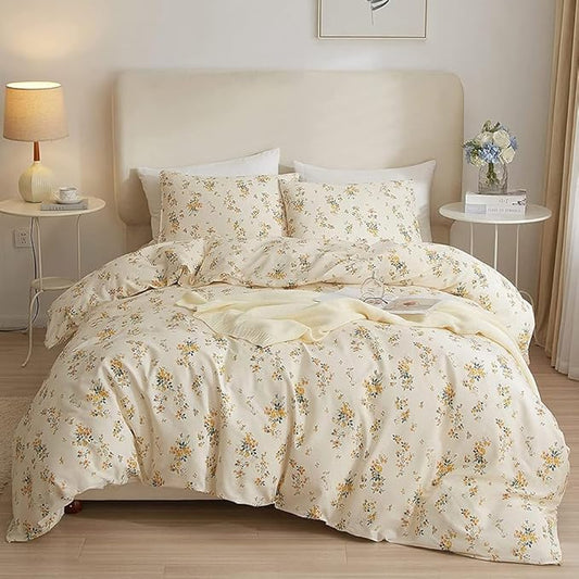 HighBuy 3 Pieces Duvet Cover Twin XL Beige Duvet Cover with Yellow Floral Print,Soft Cotton Comforter Cover Boho Style,Aesthetic Twin XL Bedding Set with Zipper Closure 4 Ties,All Season