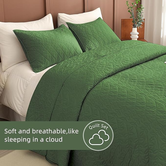 Lady Ann Olive Green Oversized King Bedspread 128x120, 3 Pcs Leaves Pattern Printed Oversized King Quilt Set for Extra Large Bed, Lightweight & Soft Farmhouse Bedspreads & Coverlets