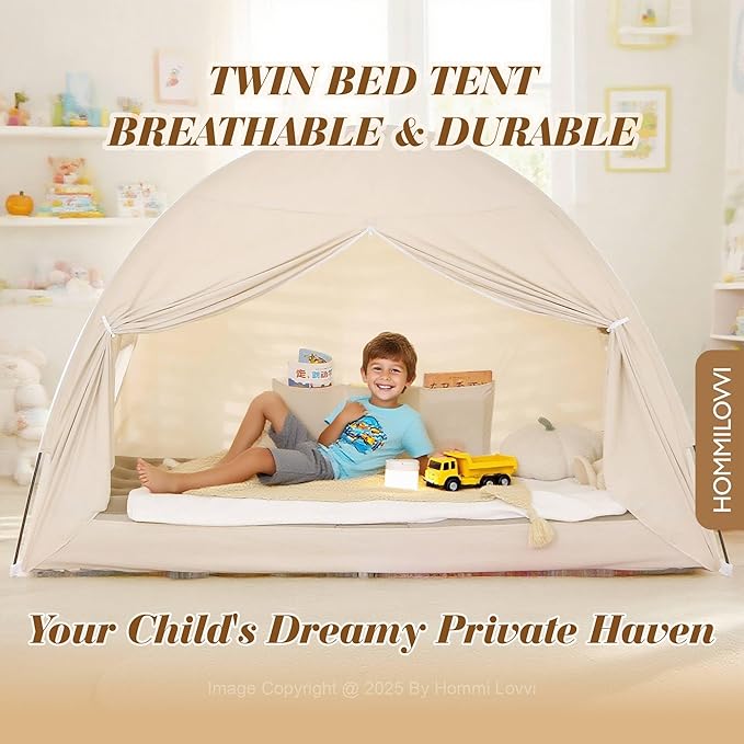 Twin Bed Tent for Kids, Indoor Blackout Sleeping Tent with Dreamy Canopy, Breathable Privacy Bunk Beds, Ideal for Drafty Rooms or Cottage-Style Spaces, Nature