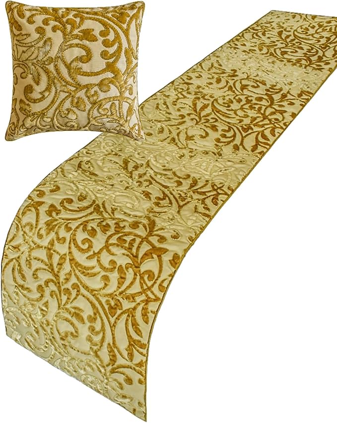 The HomeCentric King/Queen/Twin Beige Gold Decorative Bed Runner Queen 74"x18" Bed Runner Without Pillow Cover, Cut Velvet, Beaded Bed Scarf on Velvet Fabric - Serene Symphony