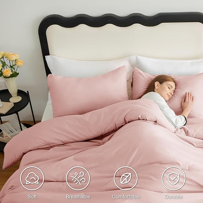 CozyLux Oversized King Comforter Set Blush Pink, 3 Pieces 120x98 Solid Breathable Quilted Style Bedding Sets All Season, Luxury Soft Down Alternative Comforter Bed Set (1 Comforter & 2 Pillowcases)