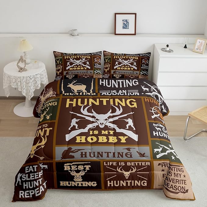 Feelyou Deer Hunting Comforter Queen Size for Kids Hunting Gifts Comforter Set Boys Girls Deer Antlers Comforter Farmhouse Duvet Insert 3Pcs