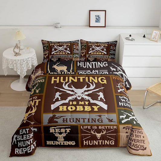 Feelyou Deer Hunting Comforter Queen Size for Kids Hunting Gifts Comforter Set Boys Girls Deer Antlers Comforter Farmhouse Duvet Insert 3Pcs