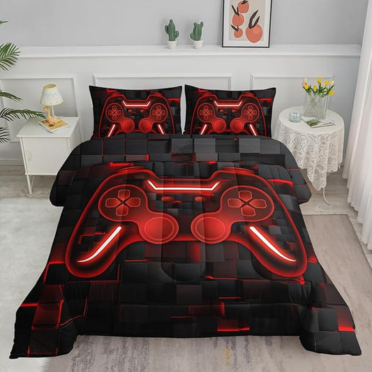 Axolotl Gamepad Comforter Set Full Size,Red Grid Print Bedding Set,Boys Gaming Console Comforter Set,Video Gaming Controller Bedding Set for Teens Men Adults,1 Quilt 2 Pillowcases,Red Black