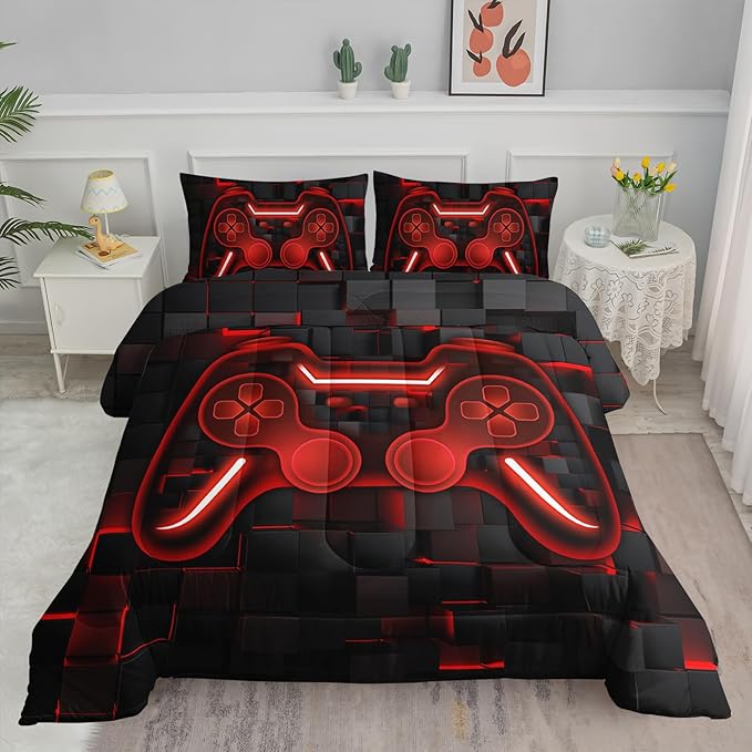 Axolotl Gamepad Comforter Set King Size,Red Grid Print Bedding,Boys Gaming Console Comforter,Video Gaming Controller Bedding for Teens Men Adults,Cool Gamer Bed Set 1 Quilt 2 Pillowcases,Red Black