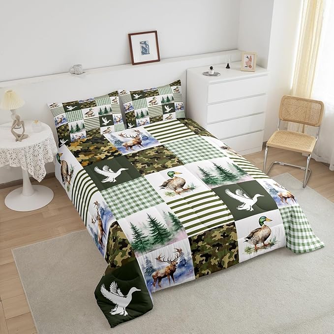 Feelyou Kids Mallard Duck Comforter Set Queen Size, Duck Hunting Bedding Set Green Duck Comforter for Boys Girls Deer Hunting Duvet Insert Bed Set 3Pcs