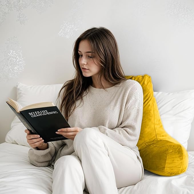 Reading Pillow for Sitting in Bed Adult, X-Large Reading Pillow with Shredded Memory Foam, Back Pillow for Sitting Up with Extend Arms, Pockets, Bed Pillow with Washable Cover, Yellow