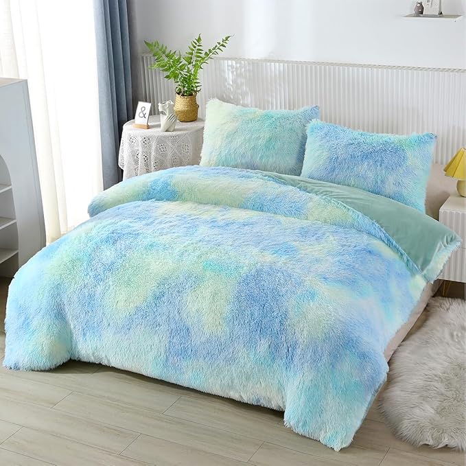 PERFEMET 3 Pcs Long Faux Fur Fluffy Full Comforter Sets Colorful Tie Dye Shaggy Furry Green Bedding Set for Girls Soft Plush Velvet Rainbow Bedding Quilt Set(Green, Full)