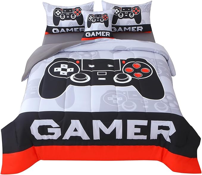 JQinHome Queen Gamer Comforter Sets for Boys,6 Piece Bed in A Bag 3D Video Gamer Bedding -All Season Microfiber Gaming Bedding Set for Kids, with Sheet Sets(Cyber Red)