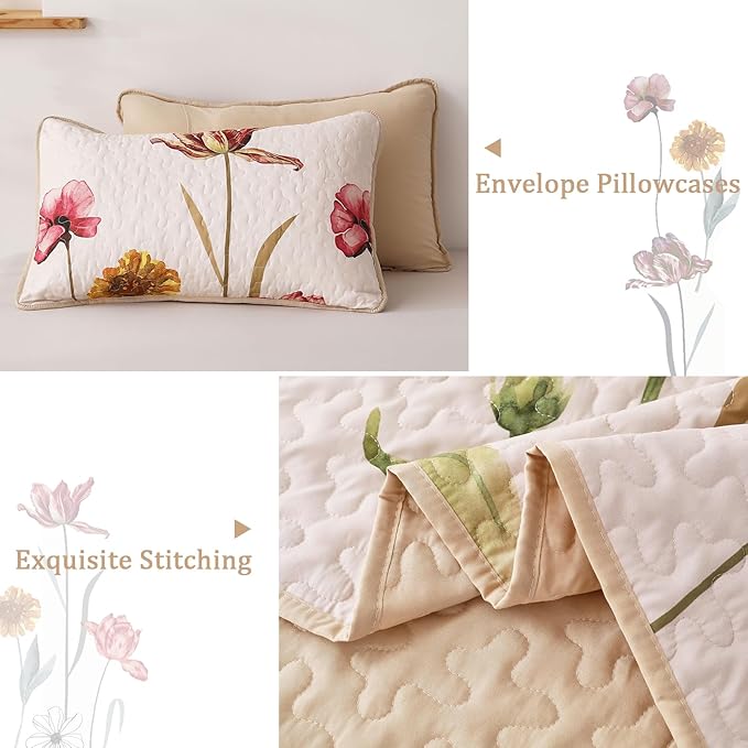 WONGS BEDDING Quilt Set Queen Size, 3 Pieces Floral Bedspread Bedding Sets Soft Lightweight Microfiber Flower Pink Coverlet Set for All Season (96"x90")