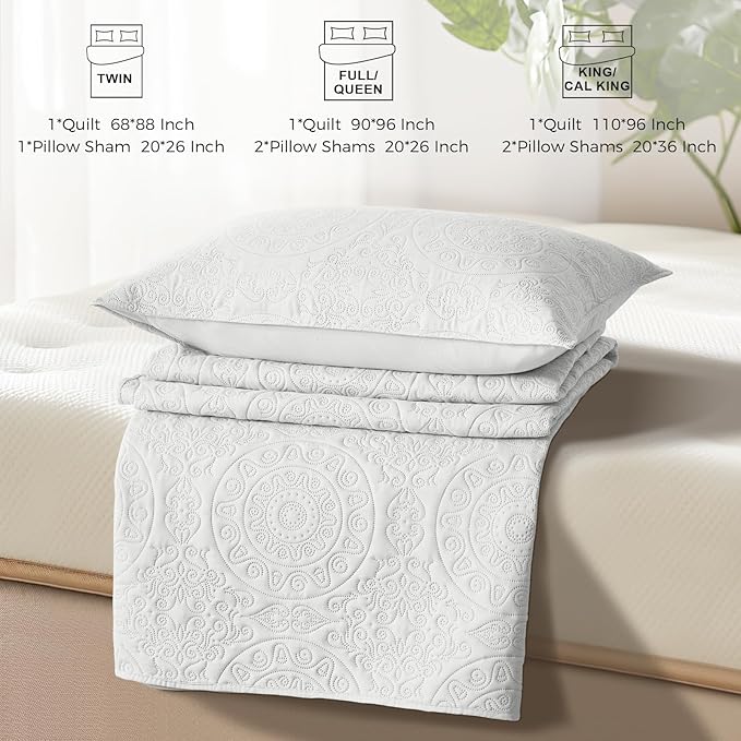 WURUIBO White Quilt Set Twin Size, Embossing Microfiber Bedspreads with Pillow Sham, Ligthweight Breathable Thin Coverlet, Reversible Bedding Set for All Season (1 Quilt, 1 Pillow Sham)