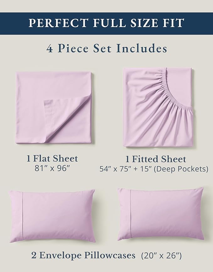 LANE LINEN 100% Organi Cotton Eco Friendly Bed Sheets Full Size, Fully Elasticized Naturally Cooling Soft & Comfy, Machine Washable Temperature Regulating Full Sheet Deep Pocket Bedding- Orchid Petal