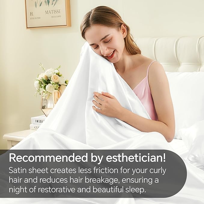 BEDELITE King Size Sheets Set, Luxury Soft White Satin Sheets for Hair and Skin, Similar to Silk Bed Sheets Set 4 Pieces with 1 Deep Pocket Fitted Sheet, 1 Flat Sheet, and 2 Pillowcases