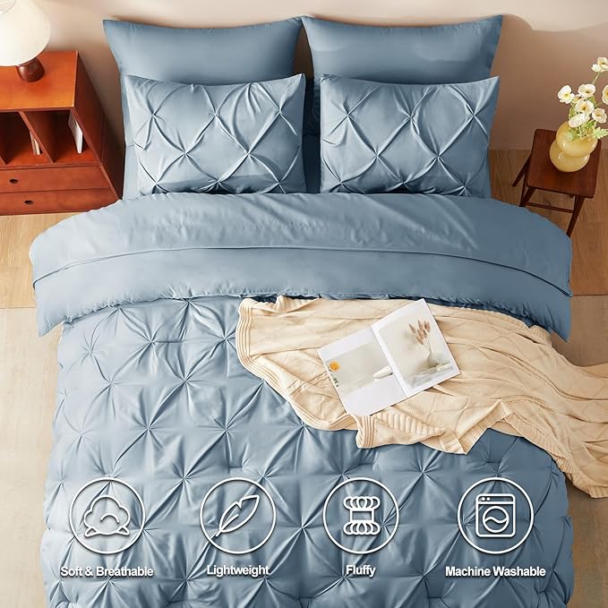 CozyLux California King Comforter Set Mineral Blue, 7 Pieces Cal King Pintuck Bed in A Bag, Pinch Pleat Bedding Sets with All Season Comforter, Flat Sheet, Fitted Sheet, Pillowcases & Shams