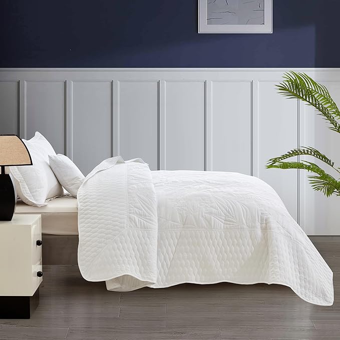Botanical Oversized Bedspread King Size - Leaves Pattern Stitching Quilt Set - Elegant & Fresh Style Bedding Coverlets, Reversible, Lightweight, 5 Piece, White