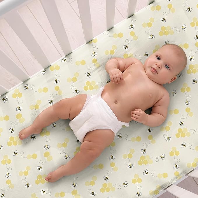 Peryiter 4 Pack Crib Sheets Girl Soft Baby Bed Sheet Set 52'' x 28" Nursery Crib Sheets for Standard Bed for Nursery Decor Baby Boys or Girls(Yellow,Bee)
