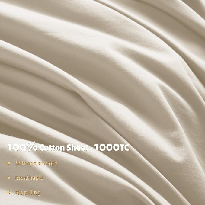 Shilucheng 100% Egyptian Cotton Queen Size Sheets Set - 1000 Thread Count，Luxury Cotton Bed Sheets，Breathable & Cooling Bedding and Pillow Cases, 16 Inch Deep Pocket - 4 Piece(Cream,Queen)