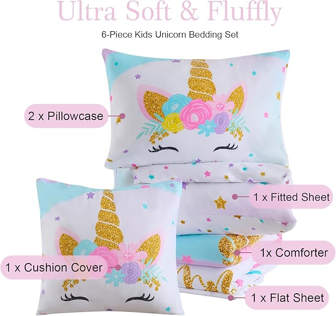 Cokouchyi Twin Size Comforter Set for Girls, 6-Piece Bed in a Bag, 3D Colorful Unicorn Bedding Comforter Sheet Set, Ultra Soft and Fluffy, Pink & Rainbow Color