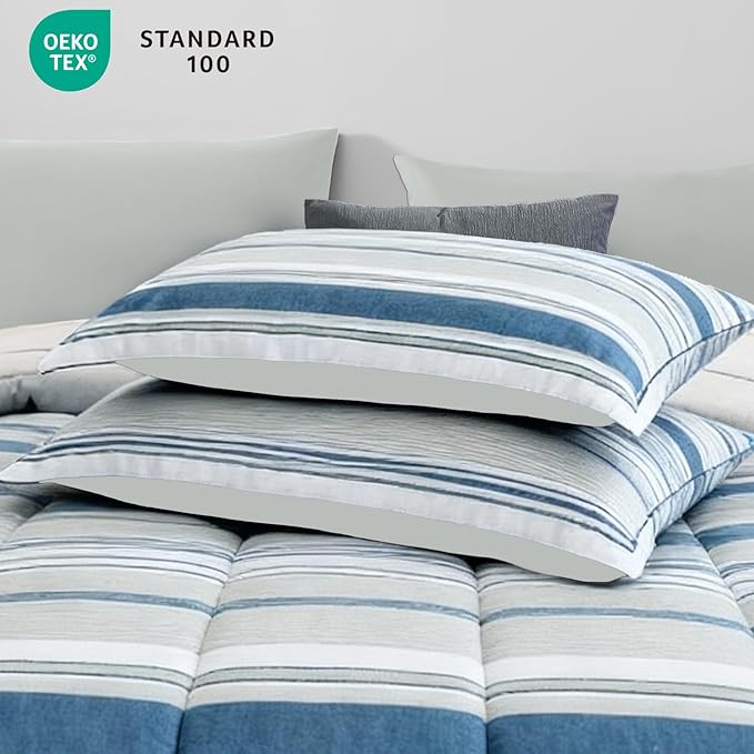 Queen Comforter Set Striped, Royal Blue Bedding Set 7 Pieces for Boys Girls Teen, All Season Bed in a Bag for Dorm with Sheets, Pillowcases & Shams