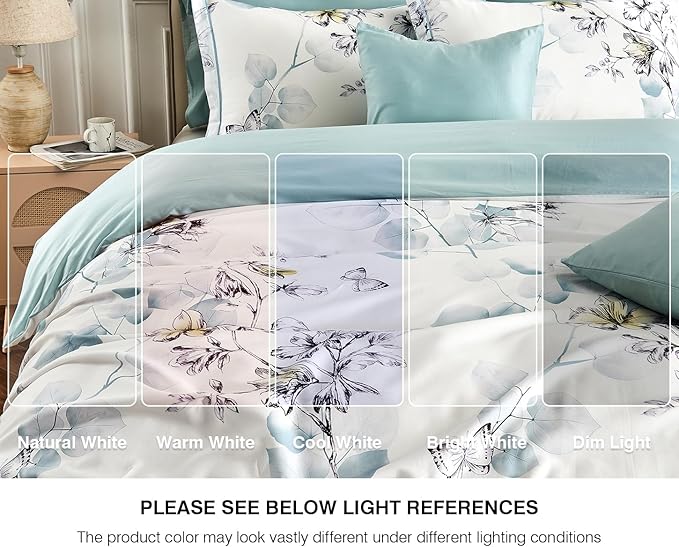 Queen Size Duvet Cover Set with Button Closure - Light Blue and Yellow Botanical Luxury Bedding for a Comfortable Sleeping