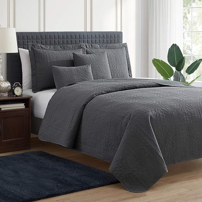 Hearth & Harbor Quilts Queen Size - All Season Bedspread Coverlet Set, Pinsonic Weave Lightweight Bedding Set - 5 Piece Queen Quilt Set with Pillow Shams, Grid - Gray