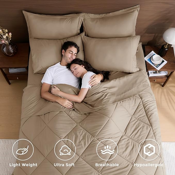 HEVUMYI Khaki Queen Comforter Set - 7-Piece All Season Bed in a Bag Queen, Ultra Soft Bedding Set with Comforter, Flat Sheet, Fitted Sheet, Pillowcases, Pillow Shams