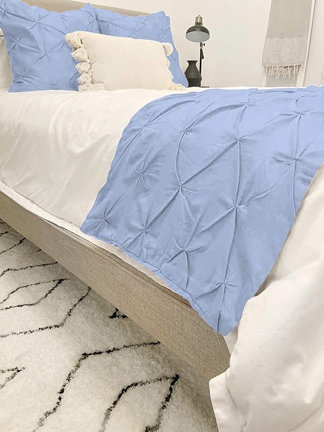Bed Runner Set - 100% Pure Cotton 800 Thread Count - Luxury 1 Pinch Pleated Bed Runner and 2 Pillow Cover - 3 Piece Pinch Pleated Bed Runner Set Queen, Light Blue