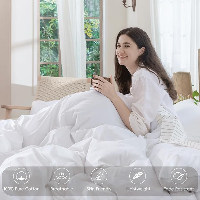 MooMee Bedding Duvet Cover Set 100% Washed Cotton Linen Like Textured Breathable Durable Soft Comfy (Solid Bright White, Full 80"x90")