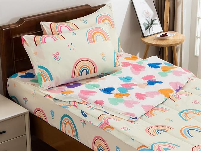 NTBED Rainbow Printed Zipper Bedding Sets Full Lightweight Microfiber Heart Comforter Sets with Fitted Sheet Pillow Covers,Beige