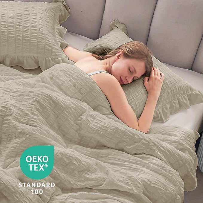 JOLLYVOGUE Twin Size Comforter Set, 2 Pieces Linen Seersucker Lightweight Fluffy Bedding Set, Twin Ruffle Comforter, All Season Soft Microfiber Shabby Chic Bed Set