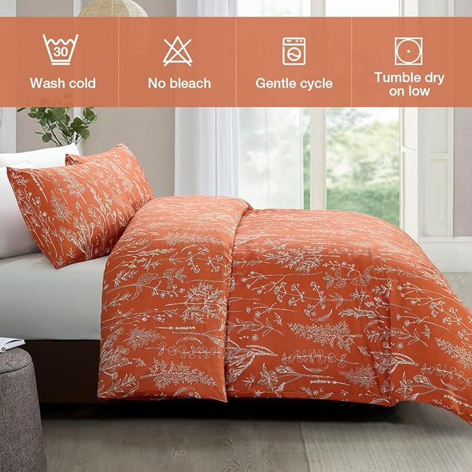 Lekesky Floral Duvet Cover Queen Size, Burnt Orange Queen Duvet Cover Plant Flowers Pattern Bedding Set for All Season, Soft Breathable Duvet Cover with Zipper Closure & Corner Ties