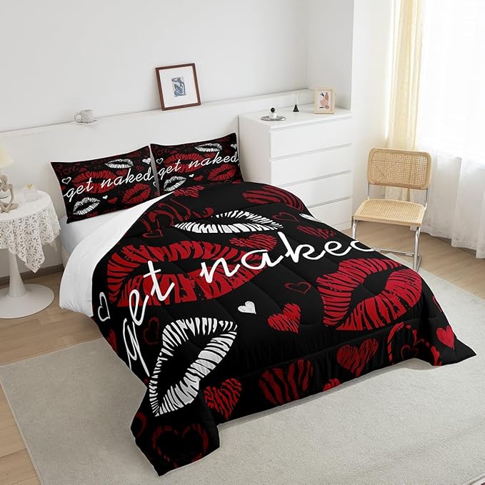 Feelyou Sexy Lips Comforter Funny Get Naked Comforter Set for Couple Lover Kiss Bedding Set White Red Woman Mouth Pattern Decor Duvet Set Room Decor Full Size Quilt Set 3Pcs
