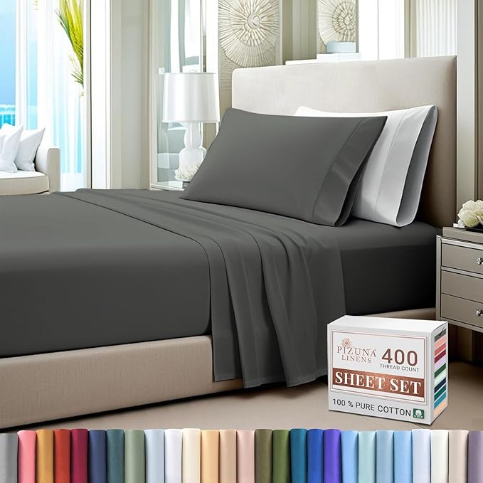 Pizuna Pure 100% Cotton Sheets Twin XL Size, Luxurious 400 Thread Count Long Staple Cotton Sateen Sheets with 15" Deep Pocket (Combed Dark Grey Sheet Twin XL)