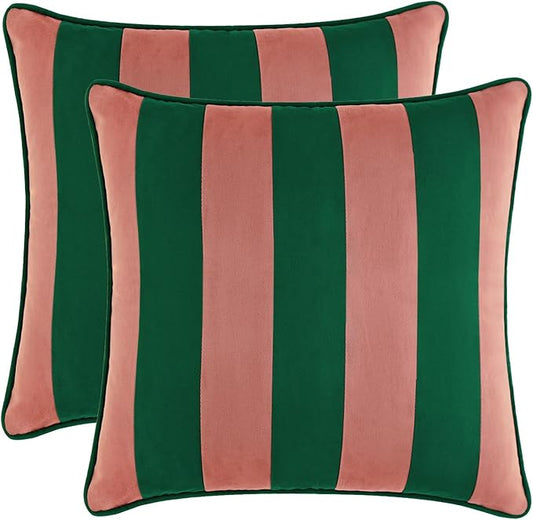 MONDAY MOOSE Decorative Throw Pillow Covers Cushion Cases, Set of 2 Soft Velvet Striped Piping Edge Designs, Pillow Inserts Not Included (18x18 inch, Pink/Green)