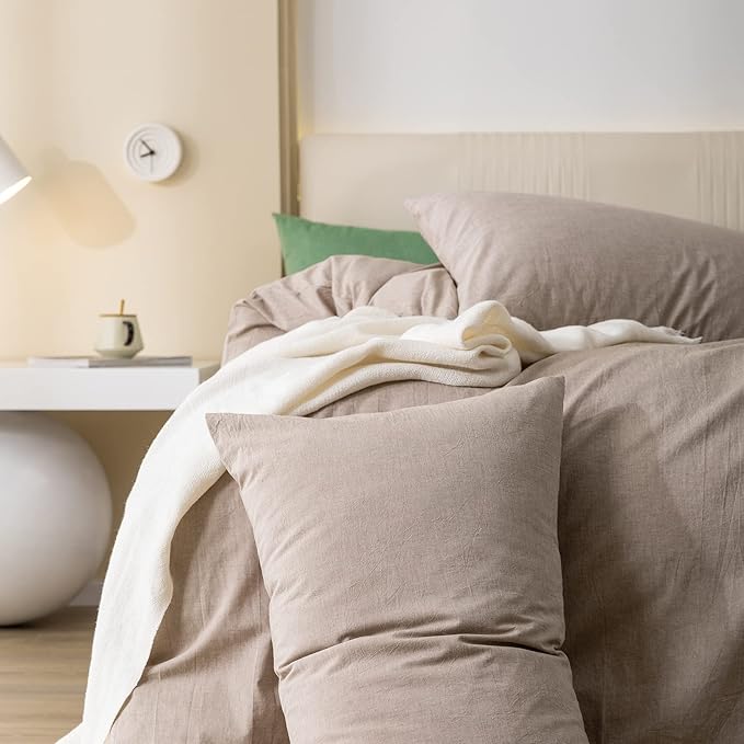 JIYUAN 100% Washed Cotton Duvet Cover Set Comfy Simple Style Soft Breathable Textured Durable Linen Feel Bedding for All Seasons Queen, Taupe