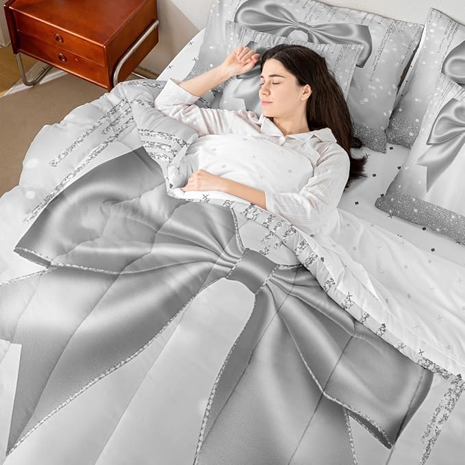 Feelyou Bowknot Comforter Set Full Size 7 Pieces Dreamy Princess Bedding Set for Kids Boys Girls Glitter Bed in a Bag with Comforter, Sheets, Pillowcases, Cushion Covers Cute Bow Quilted Soft