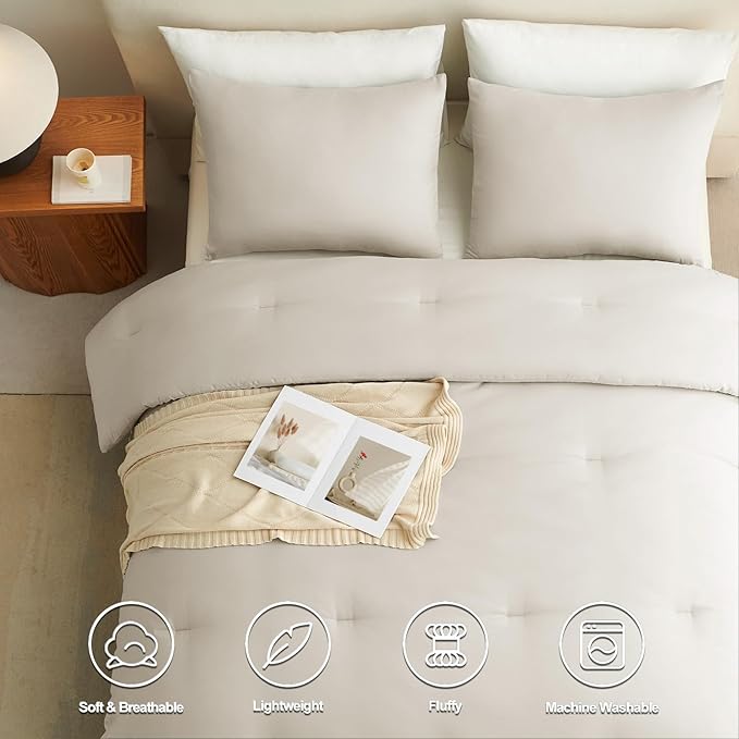 CozyLux Beige Comforter Set Twin/Twin XL Size, 2 Pieces Twin Extra Long Solid Breathable Quilted Bedding Sets, Luxury Fluffy Soft Bed Set with Down Alternative Comforter and 1 Pillowcase All Season