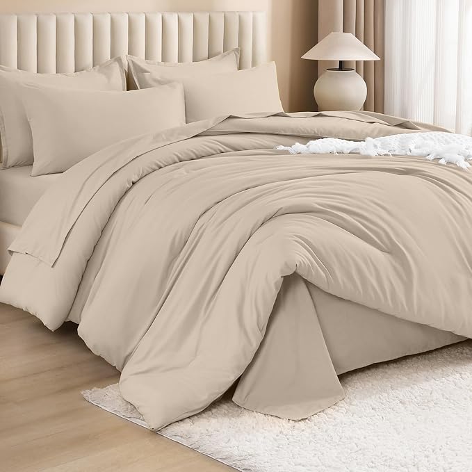 Litanika Comforter Queen Size Set Khaki - 7 Pieces Bed in a Bag Queen Bedding Comforter Sets, Plain Lightweight Bed Set with Comforter, Sheets, Pillowcases & Shams