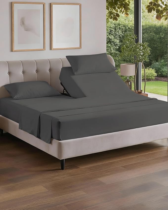 Split Head King Sheet Set – 4 Piece Flex Split Top King Sheets for Adjustable Beds - Fits 14” to 16" Mattress w/ Deep Pockets - Soft, Breathable & Cooling - Luxury Bedding and Wrinkle Free - Charcoal